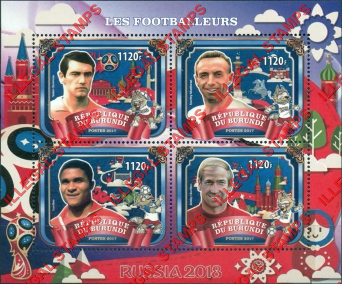 Burundi 2017 FIFA World Cup Soccer in 2018 Counterfeit Illegal Stamp Souvenir Sheet of 4 Burundi 2017 FIFA World Cup Soccer in 2018 Counterfeit Illegal Stamp Souvenir Sheet of 4
