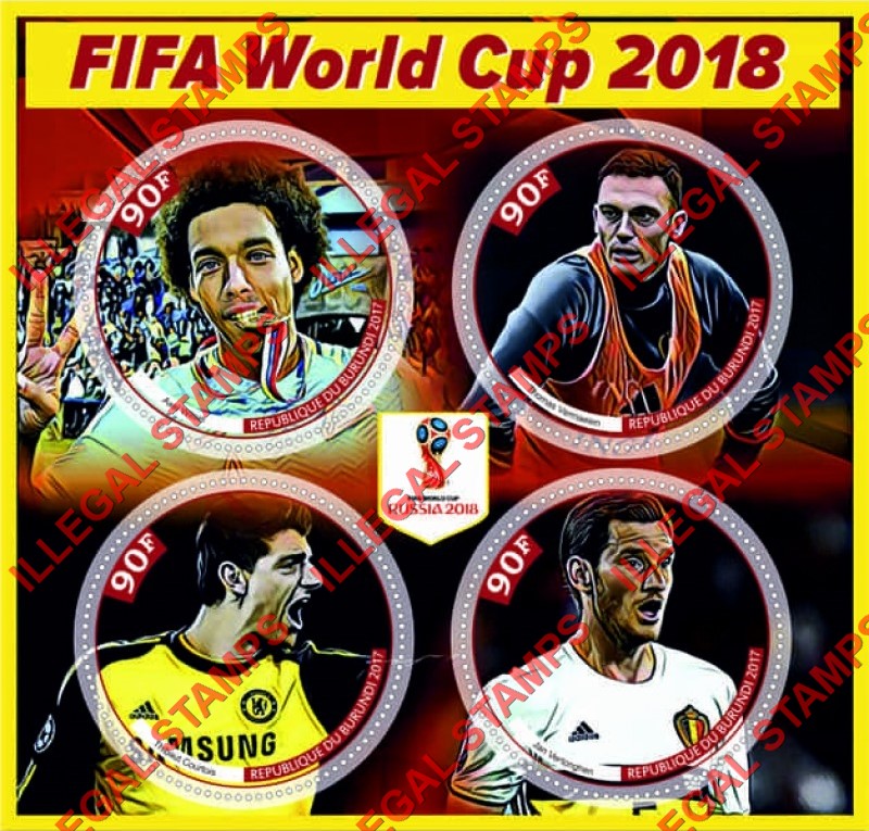Burundi 2017 FIFA World Cup Soccer in 2018 Belgium Players Counterfeit Illegal Stamp Souvenir Sheet of 4 Burundi 2017 FIFA World Cup Soccer in 2018 Belgium Players Counterfeit Illegal Stamp Souvenir Sheet of 4