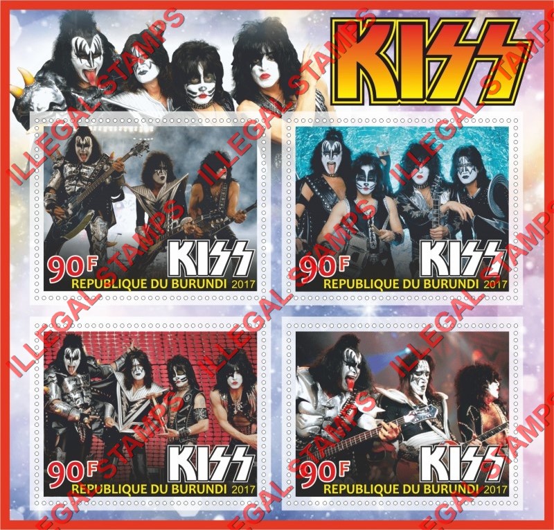 Burundi 2017 KISS Rock band Counterfeit Illegal Stamp Souvenir Sheet of 4 Burundi 2017 KISS Rock band Counterfeit Illegal Stamp Souvenir Sheet of 4