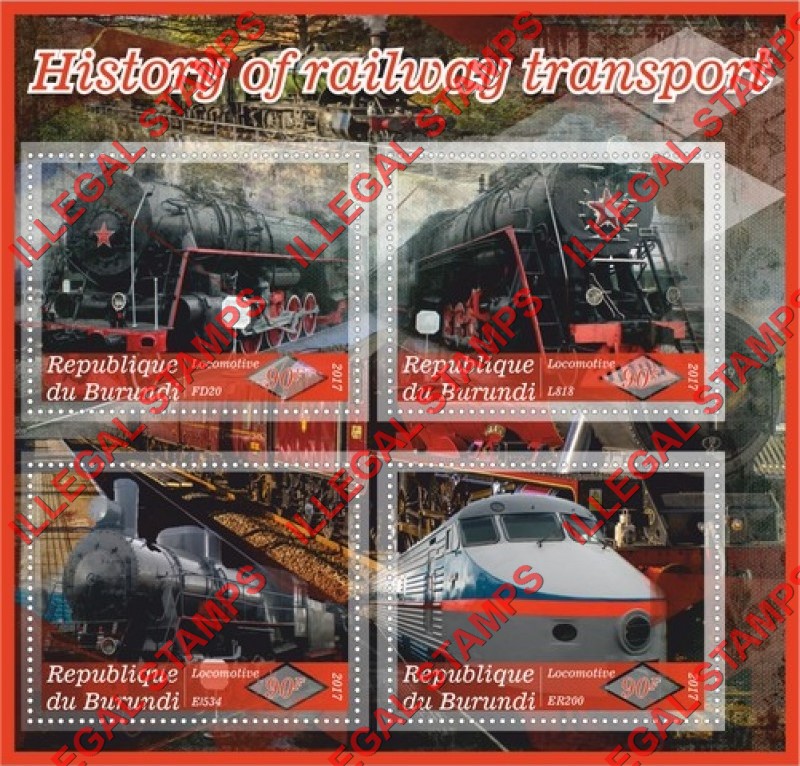 Burundi 2017 Locomotives History of Railway Transport Counterfeit Illegal Stamp Souvenir Sheet of 4 Burundi 2017 Locomotives History of Railway Transport Counterfeit Illegal Stamp Souvenir Sheet of 4