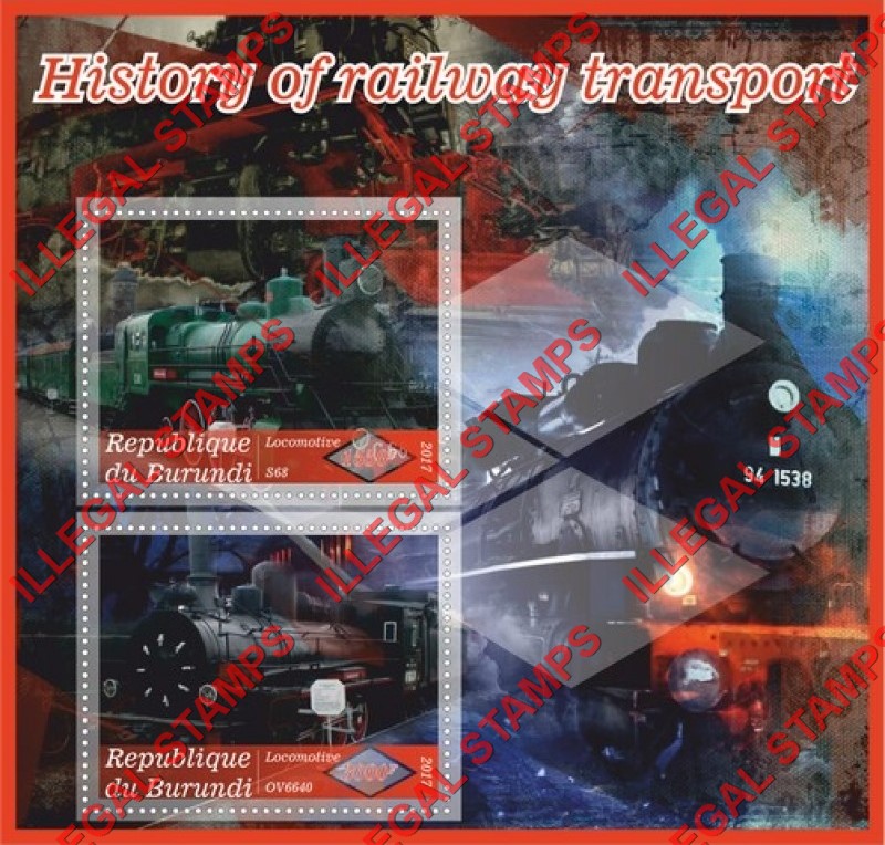 Burundi 2017 Locomotives History of Railway Transport Counterfeit Illegal Stamp Souvenir Sheet of 2 Burundi 2017 Locomotives History of Railway Transport Counterfeit Illegal Stamp Souvenir Sheet of 2