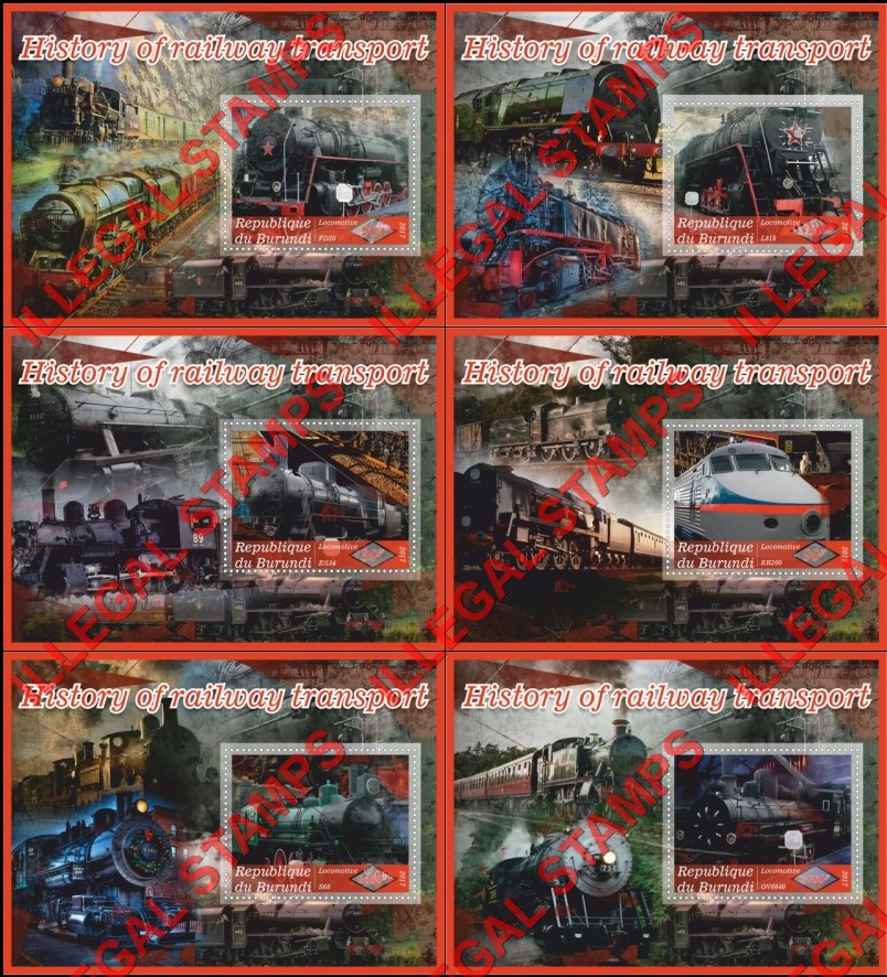 Burundi 2017 Locomotives History of Railway Transport Counterfeit Illegal Stamp Souvenir Sheets of 1 Burundi 2017 Locomotives History of Railway Transport Counterfeit Illegal Stamp Souvenir Sheets of 1