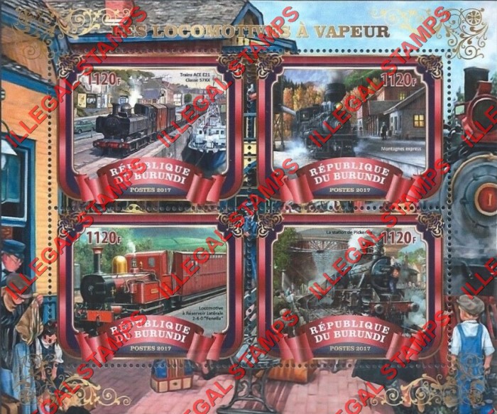 Burundi 2017 Locomotives Counterfeit Illegal Stamp Souvenir Sheet of 4 (Sheet 1) Burundi 2017 Locomotives Counterfeit Illegal Stamp Souvenir Sheet of 4 (Sheet 1)