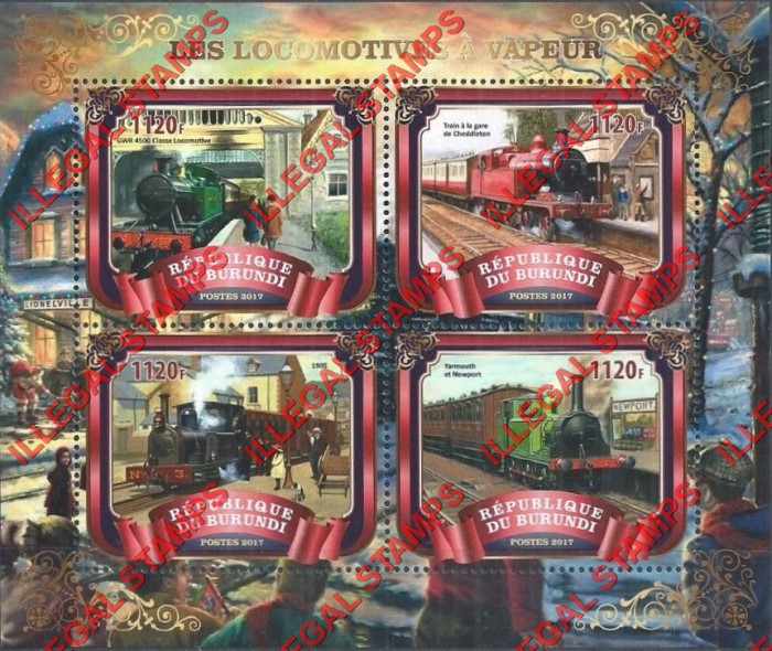 Burundi 2017 Locomotives Counterfeit Illegal Stamp Souvenir Sheet of 4 (Sheet 2) Burundi 2017 Locomotives Counterfeit Illegal Stamp Souvenir Sheet of 4 (Sheet 2)
