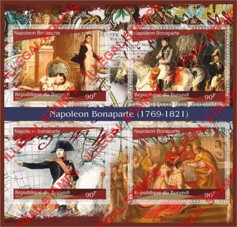 Burundi 2017 Napoleon Bonaparte (different a) Counterfeit Illegal Stamp Souvenir Sheet of 4 Burundi 2017 Napoleon Bonaparte (different a) Counterfeit Illegal Stamp Souvenir Sheet of 4