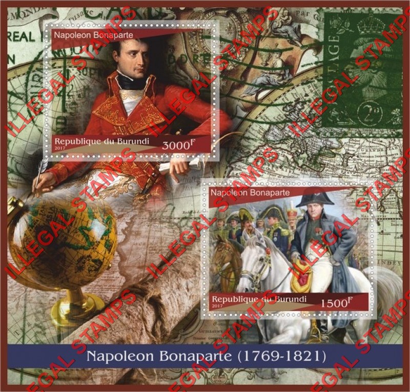 Burundi 2017 Napoleon Bonaparte (different a) Counterfeit Illegal Stamp Souvenir Sheet of 2 Burundi 2017 Napoleon Bonaparte (different a) Counterfeit Illegal Stamp Souvenir Sheet of 2