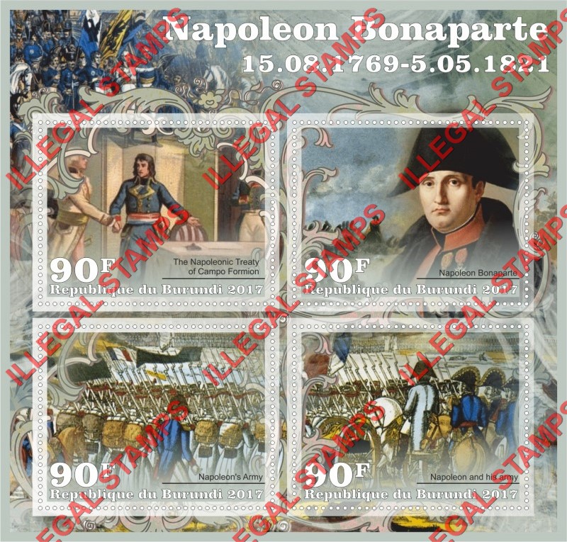 Burundi 2017 Napoleon Bonaparte (different) Counterfeit Illegal Stamp Souvenir Sheet of 4 Burundi 2017 Napoleon Bonaparte (different) Counterfeit Illegal Stamp Souvenir Sheet of 4