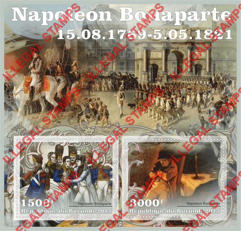 Burundi 2017 Napoleon Bonaparte (different) Counterfeit Illegal Stamp Souvenir Sheet of 2 Burundi 2017 Napoleon Bonaparte (different) Counterfeit Illegal Stamp Souvenir Sheet of 2