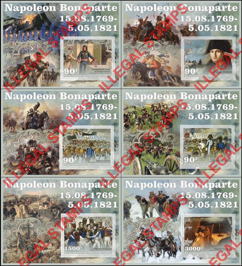 Burundi 2017 Napoleon Bonaparte (different) Counterfeit Illegal Stamp Souvenir Sheets of 1 Burundi 2017 Napoleon Bonaparte (different) Counterfeit Illegal Stamp Souvenir Sheets of 1