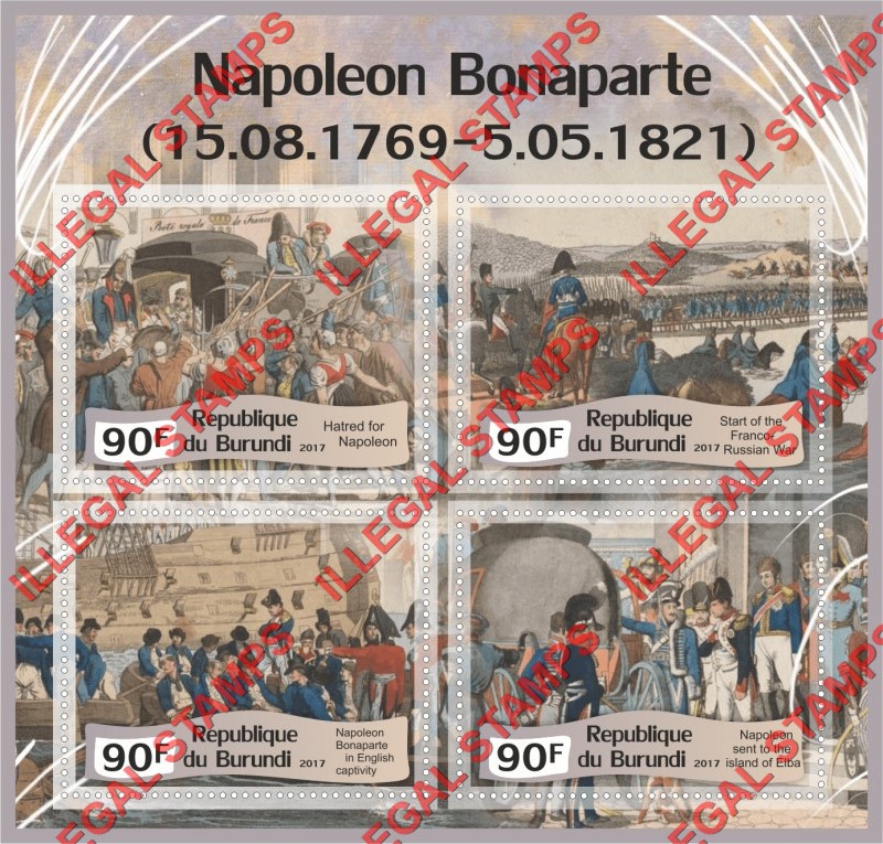Burundi 2017 Napoleon Bonaparte Counterfeit Illegal Stamp Souvenir Sheet of 4 Burundi 2017 Napoleon Bonaparte Counterfeit Illegal Stamp Souvenir Sheet of 4