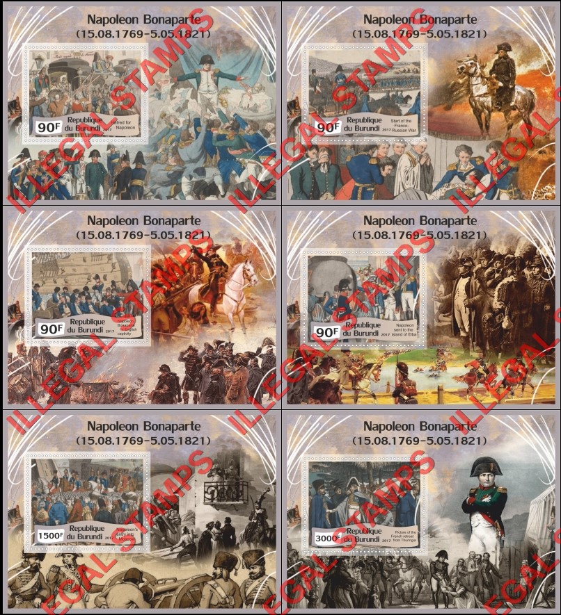 Burundi 2017 Napoleon Bonaparte Counterfeit Illegal Stamp Souvenir Sheets of 1 Burundi 2017 Napoleon Bonaparte Counterfeit Illegal Stamp Souvenir Sheets of 1