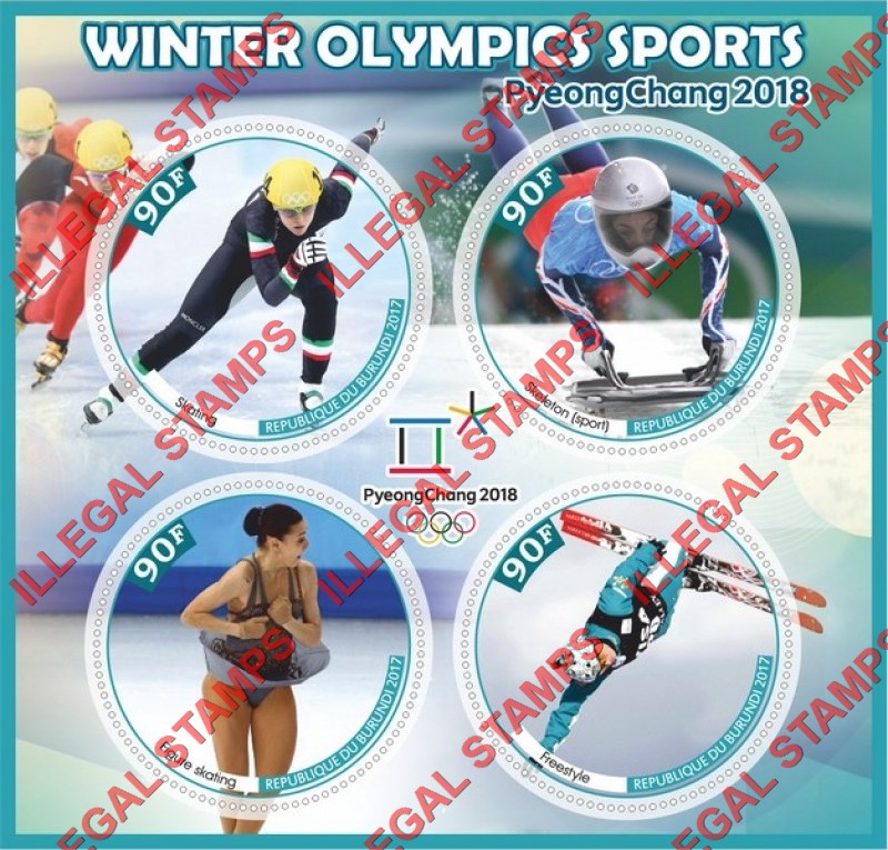 Burundi 2017 Olympic Games in PyeongChang in 2018 (different) Counterfeit Illegal Stamp Souvenir Sheet of 4 Burundi 2017 Olympic Games in PyeongChang in 2018 (different) Counterfeit Illegal Stamp Souvenir Sheet of 4