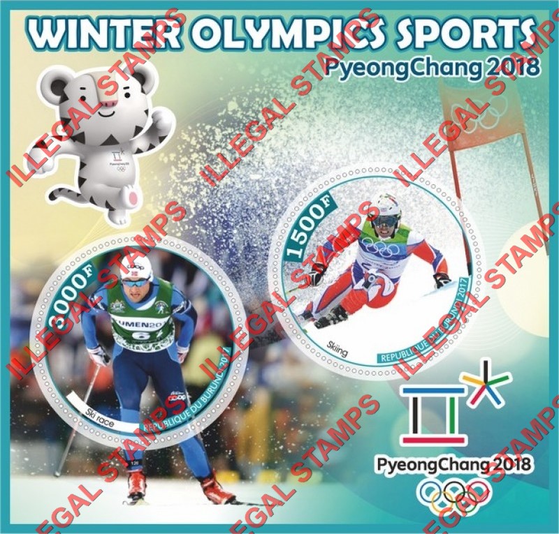 Burundi 2017 Olympic Games in PyeongChang in 2018 (different) Counterfeit Illegal Stamp Souvenir Sheet of 2 Burundi 2017 Olympic Games in PyeongChang in 2018 (different) Counterfeit Illegal Stamp Souvenir Sheet of 2