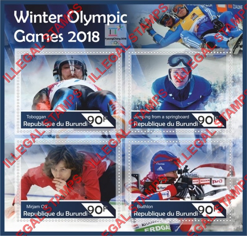 Burundi 2017 Olympic Games in PyeongChang in 2018 Counterfeit Illegal Stamp Souvenir Sheet of 4 Burundi 2017 Olympic Games in PyeongChang in 2018 Counterfeit Illegal Stamp Souvenir Sheet of 4