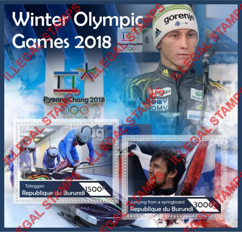 Burundi 2017 Olympic Games in PyeongChang in 2018 Counterfeit Illegal Stamp Souvenir Sheet of 2 Burundi 2017 Olympic Games in PyeongChang in 2018 Counterfeit Illegal Stamp Souvenir Sheet of 2