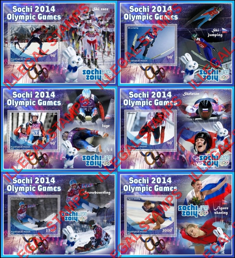 Burundi 2017 Olympic Games in Sochi in 2014 Counterfeit Illegal Stamp Souvenir Sheets of 1 Burundi 2017 Olympic Games in Sochi in 2014 Counterfeit Illegal Stamp Souvenir Sheets of 1