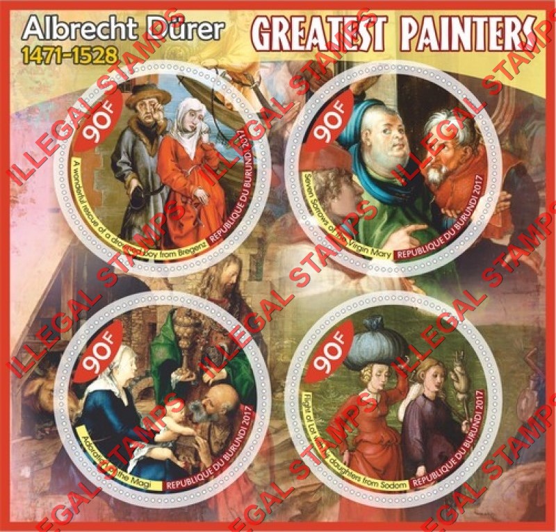 Burundi 2017 Paintings by Albrecht Durer Counterfeit Illegal Stamp Souvenir Sheet of 4 Burundi 2017 Paintings by Albrecht Durer Counterfeit Illegal Stamp Souvenir Sheet of 4