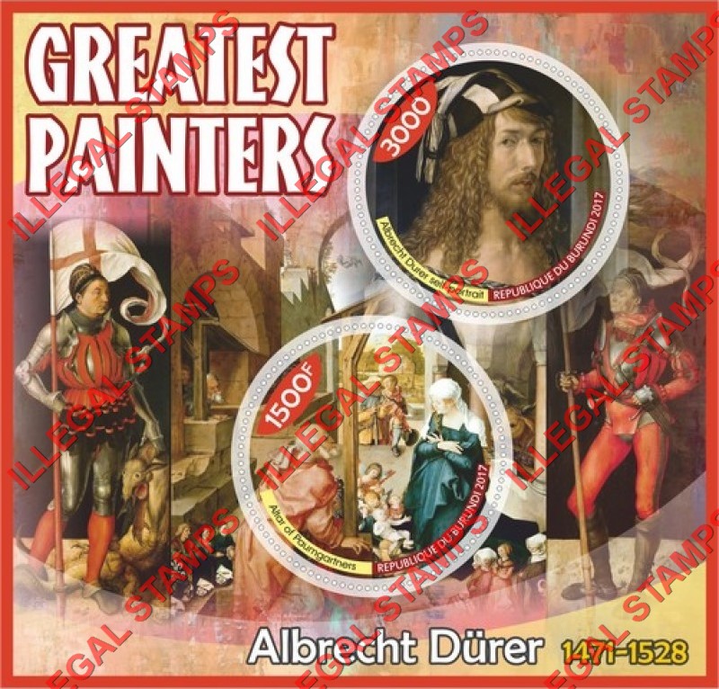 Burundi 2017 Paintings by Albrecht Durer Counterfeit Illegal Stamp Souvenir Sheet of 2 Burundi 2017 Paintings by Albrecht Durer Counterfeit Illegal Stamp Souvenir Sheet of 2