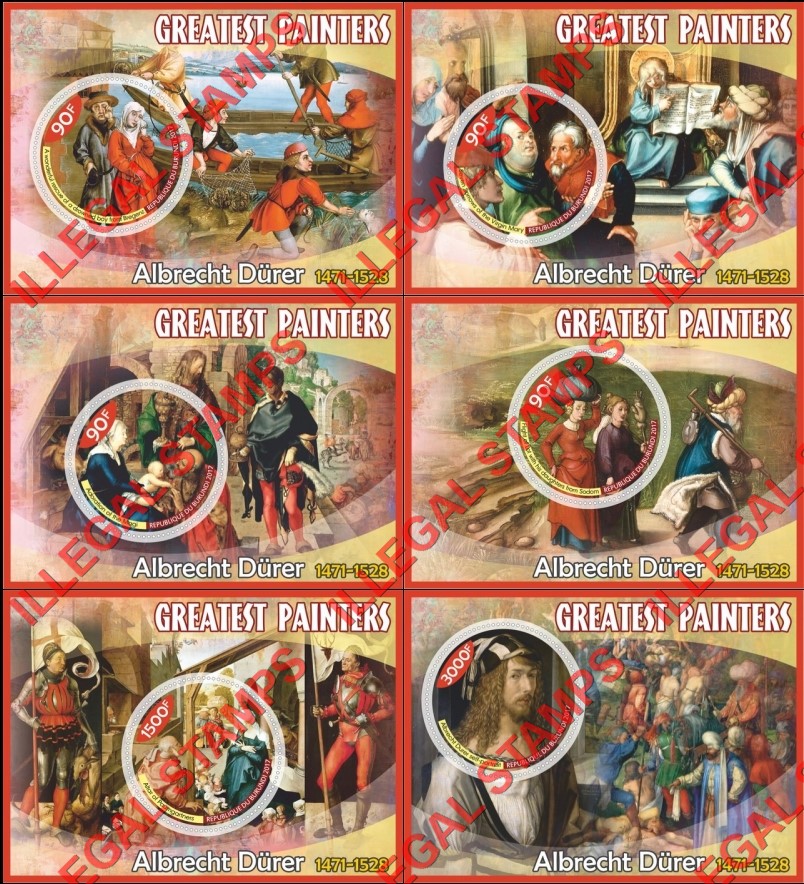 Burundi 2017 Paintings by Albrecht Durer Counterfeit Illegal Stamp Souvenir Sheets of 1 Burundi 2017 Paintings by Albrecht Durer Counterfeit Illegal Stamp Souvenir Sheets of 1