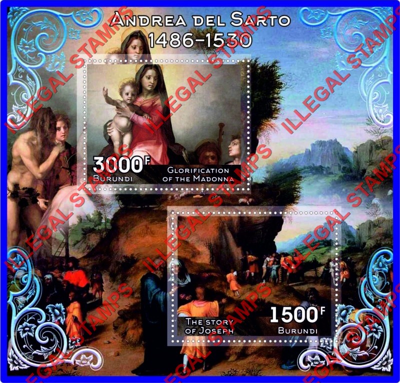 Burundi 2017 Paintings by Andrea Del Sarto Counterfeit Illegal Stamp Souvenir Sheet of 2 Burundi 2017 Paintings by Andrea Del Sarto Counterfeit Illegal Stamp Souvenir Sheet of 2
