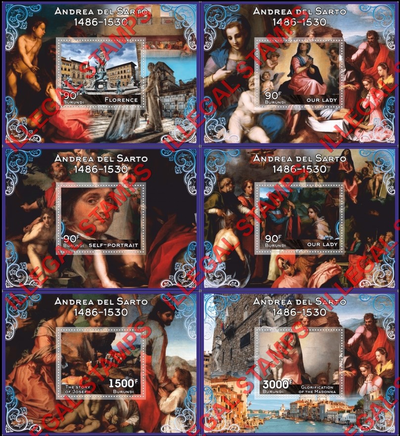 Burundi 2017 Paintings by Andrea Del Sarto Counterfeit Illegal Stamp Souvenir Sheets of 1 Burundi 2017 Paintings by Andrea Del Sarto Counterfeit Illegal Stamp Souvenir Sheets of 1