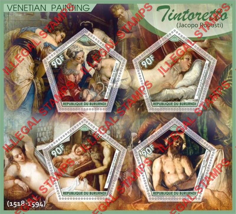 Burundi 2017 Paintings by Jacopo Robusti Tintoretto Counterfeit Illegal Stamp Souvenir Sheet of 4 Burundi 2017 Paintings by Jacopo Robusti Tintoretto Counterfeit Illegal Stamp Souvenir Sheet of 4