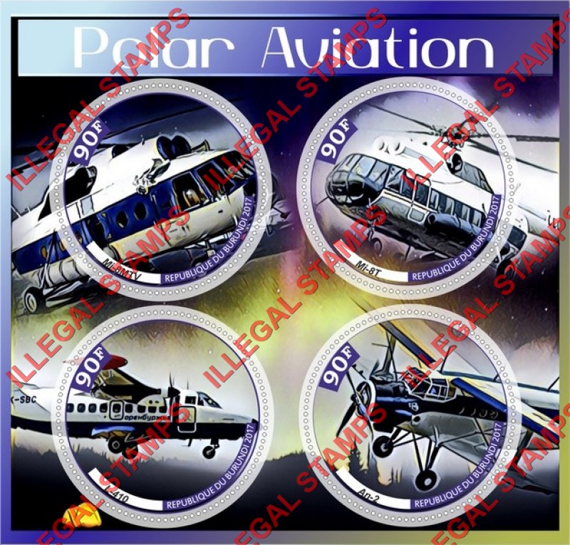 Burundi 2017 Polar Aviation Counterfeit Illegal Stamp Souvenir Sheet of 4 Burundi 2017 Polar Aviation Counterfeit Illegal Stamp Souvenir Sheet of 4
