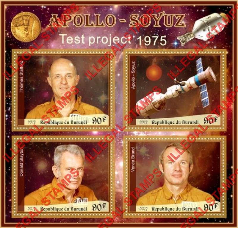 Burundi 2017 Space Apollo Soyuz Test Project Counterfeit Illegal Stamp Souvenir Sheet of 4 Burundi 2017 Space Apollo Soyuz Test Project Counterfeit Illegal Stamp Souvenir Sheet of 4