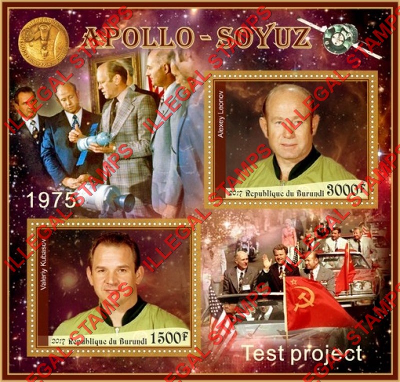 Burundi 2017 Space Apollo Soyuz Test Project Counterfeit Illegal Stamp Souvenir Sheet of 2 Burundi 2017 Space Apollo Soyuz Test Project Counterfeit Illegal Stamp Souvenir Sheet of 2