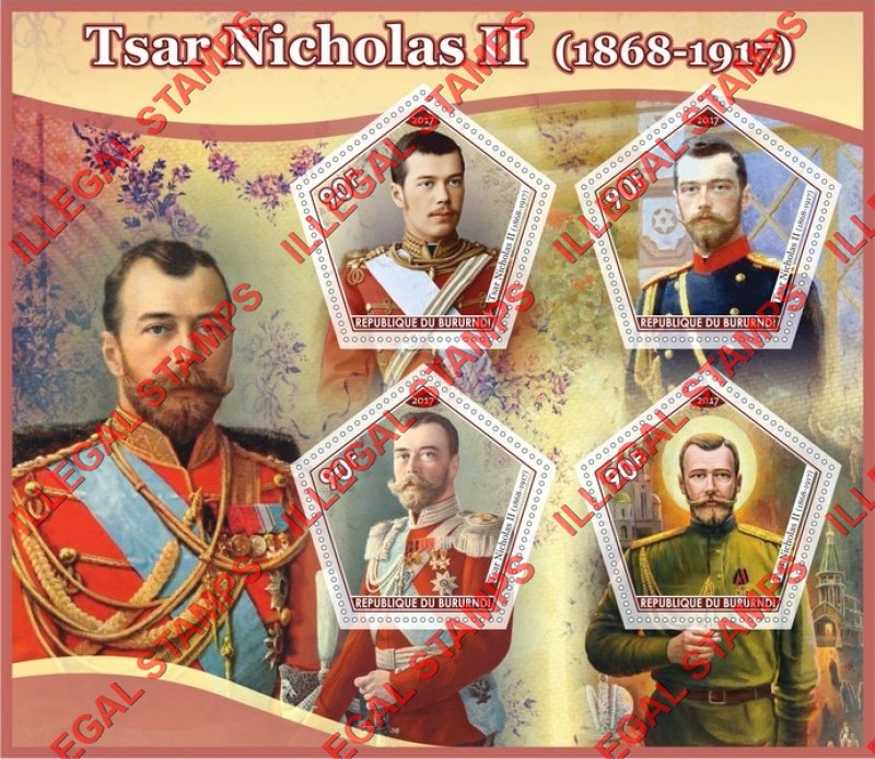 Burundi 2017 Tsar Nicholas II Counterfeit Illegal Stamp Souvenir Sheet of 4 Burundi 2017 Tsar Nicholas II Counterfeit Illegal Stamp Souvenir Sheet of 4