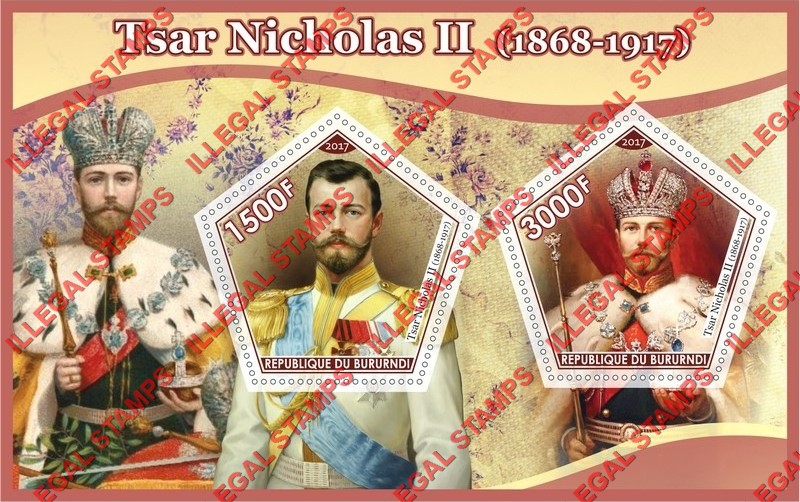 Burundi 2017 Tsar Nicholas II Counterfeit Illegal Stamp Souvenir Sheet of 2 Burundi 2017 Tsar Nicholas II Counterfeit Illegal Stamp Souvenir Sheet of 2