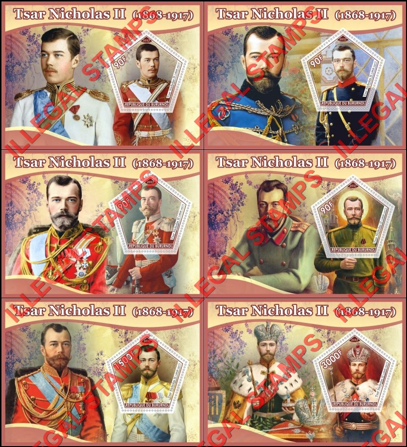 Burundi 2017 Tsar Nicholas II Counterfeit Illegal Stamp Souvenir Sheets of 1 Burundi 2017 Tsar Nicholas II Counterfeit Illegal Stamp Souvenir Sheets of 1