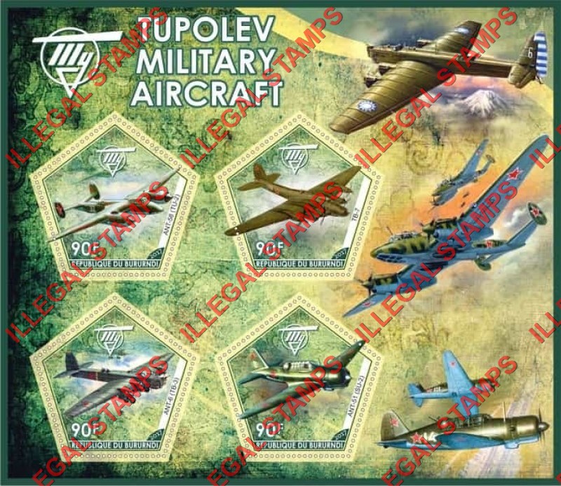 Burundi 2017 Tupolev Military Aircraft Counterfeit Illegal Stamp Souvenir Sheet of 4 Burundi 2017 Tupolev Military Aircraft Counterfeit Illegal Stamp Souvenir Sheet of 4