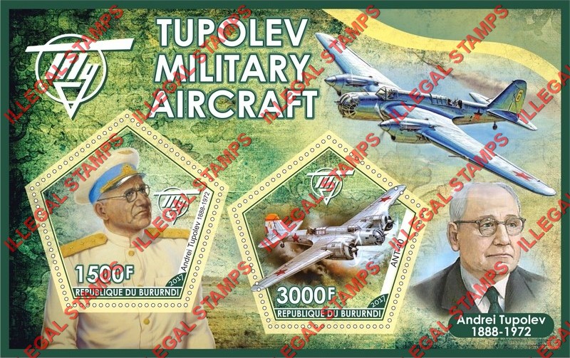 Burundi 2017 Tupolev Military Aircraft Counterfeit Illegal Stamp Souvenir Sheet of 2 Burundi 2017 Tupolev Military Aircraft Counterfeit Illegal Stamp Souvenir Sheet of 2