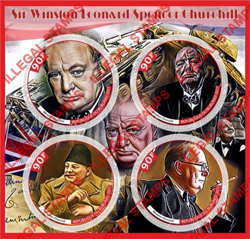 Burundi 2017 Winston Churchill Counterfeit Illegal Stamp Souvenir Sheet of 4 Burundi 2017 Winston Churchill Counterfeit Illegal Stamp Souvenir Sheet of 4