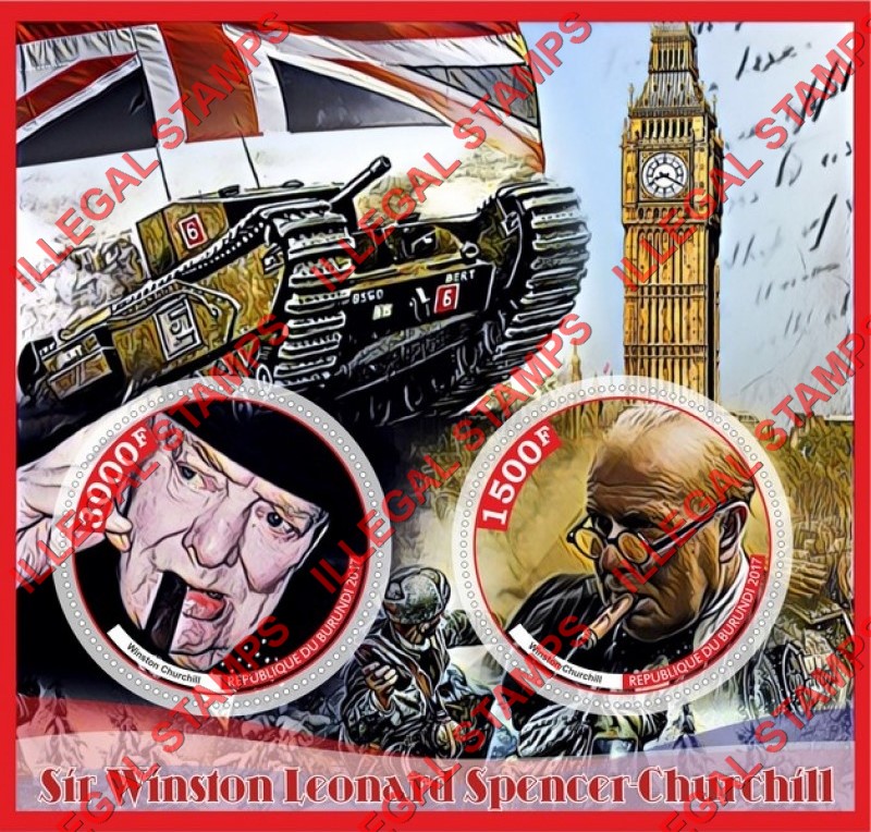 Burundi 2017 Winston Churchill Counterfeit Illegal Stamp Souvenir Sheet of 2 Burundi 2017 Winston Churchill Counterfeit Illegal Stamp Souvenir Sheet of 2