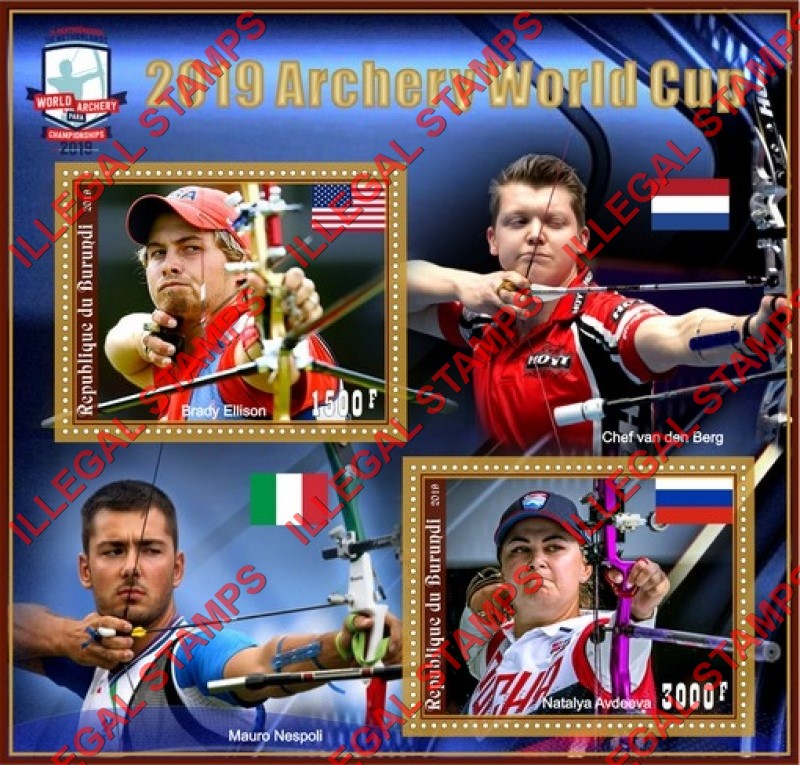 Burundi 2018 Archery World Cup in 2019 Counterfeit Illegal Stamp Souvenir Sheet of 2 Burundi 2018 Archery World Cup in 2019 Counterfeit Illegal Stamp Souvenir Sheet of 2