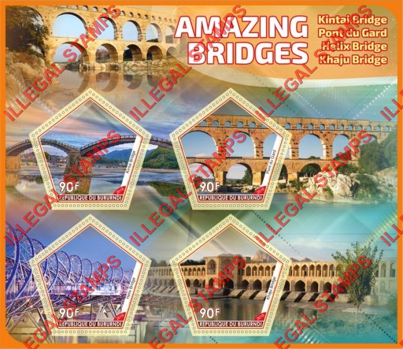 Burundi 2018 Bridges Amazing Counterfeit Illegal Stamp Souvenir Sheet of 4 Burundi 2018 Bridges Amazing Counterfeit Illegal Stamp Souvenir Sheet of 4