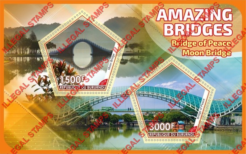 Burundi 2018 Bridges Amazing Counterfeit Illegal Stamp Souvenir Sheet of 2 Burundi 2018 Bridges Amazing Counterfeit Illegal Stamp Souvenir Sheet of 2
