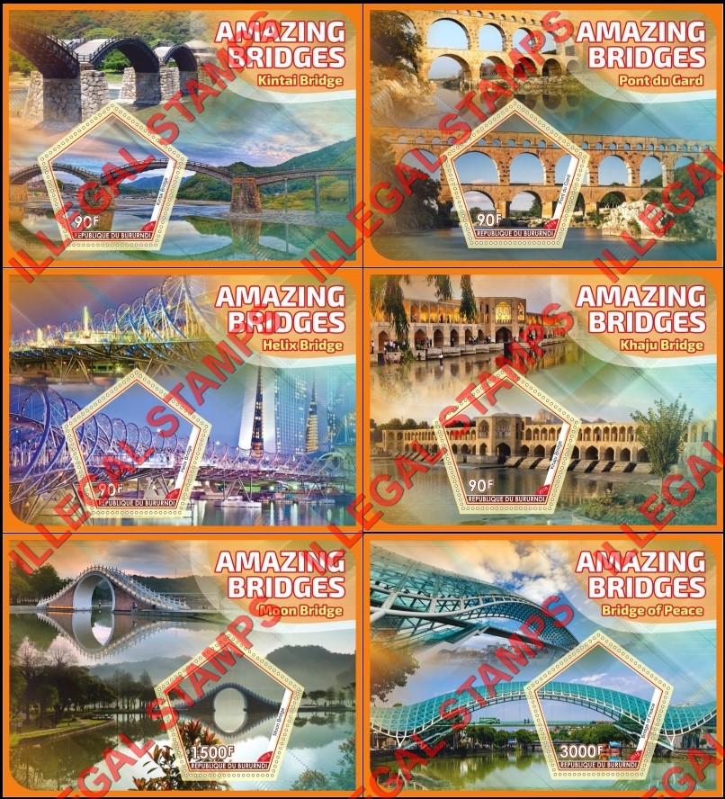Burundi 2018 Bridges Amazing Counterfeit Illegal Stamp Souvenir Sheets of 1 Burundi 2018 Bridges Amazing Counterfeit Illegal Stamp Souvenir Sheets of 1