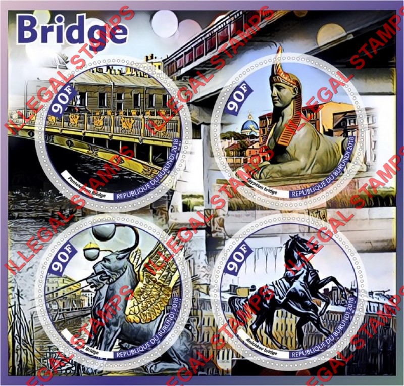 Burundi 2018 Bridges Counterfeit Illegal Stamp Souvenir Sheet of 4 Burundi 2018 Bridges Counterfeit Illegal Stamp Souvenir Sheet of 4