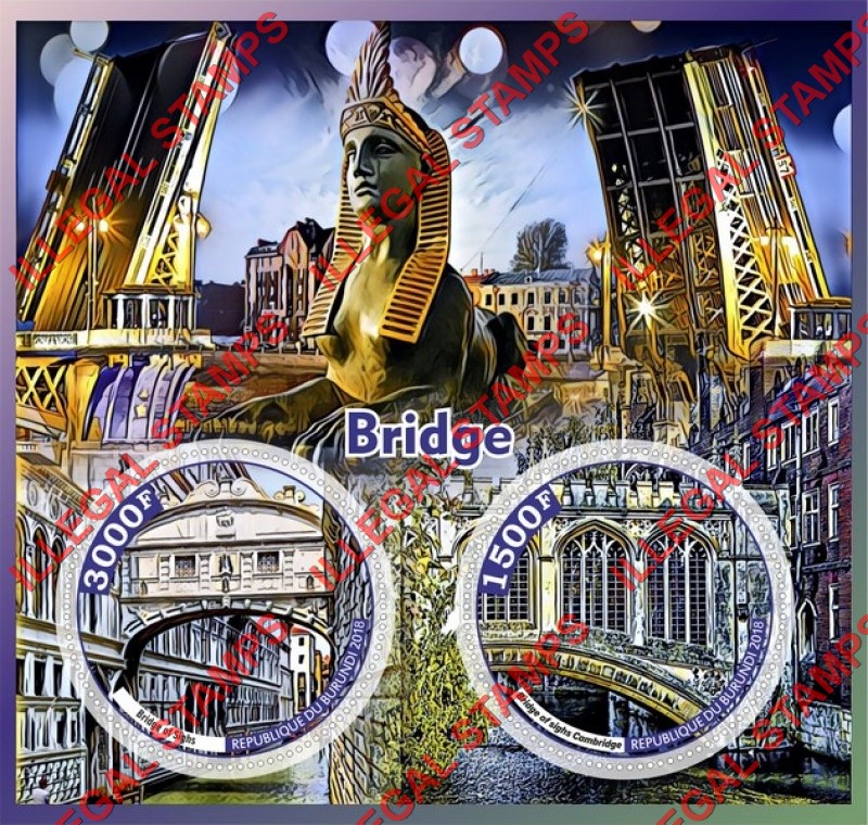 Burundi 2018 Bridges Counterfeit Illegal Stamp Souvenir Sheet of 2 Burundi 2018 Bridges Counterfeit Illegal Stamp Souvenir Sheet of 2