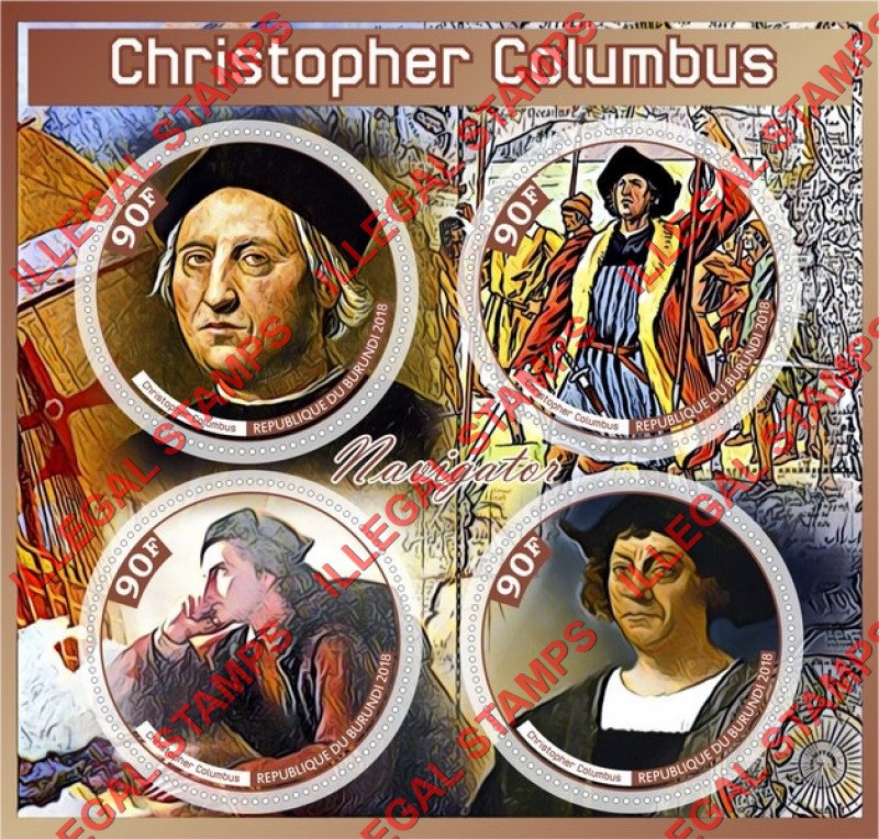 Burundi 2018 Christopher Columbus (different) Counterfeit Illegal Stamp Souvenir Sheet of 4 Burundi 2018 Christopher Columbus (different) Counterfeit Illegal Stamp Souvenir Sheet of 4