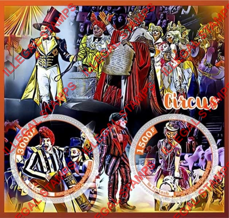 Burundi 2018 Circus Counterfeit Illegal Stamp Souvenir Sheet of 2 Burundi 2018 Circus Counterfeit Illegal Stamp Souvenir Sheet of 2