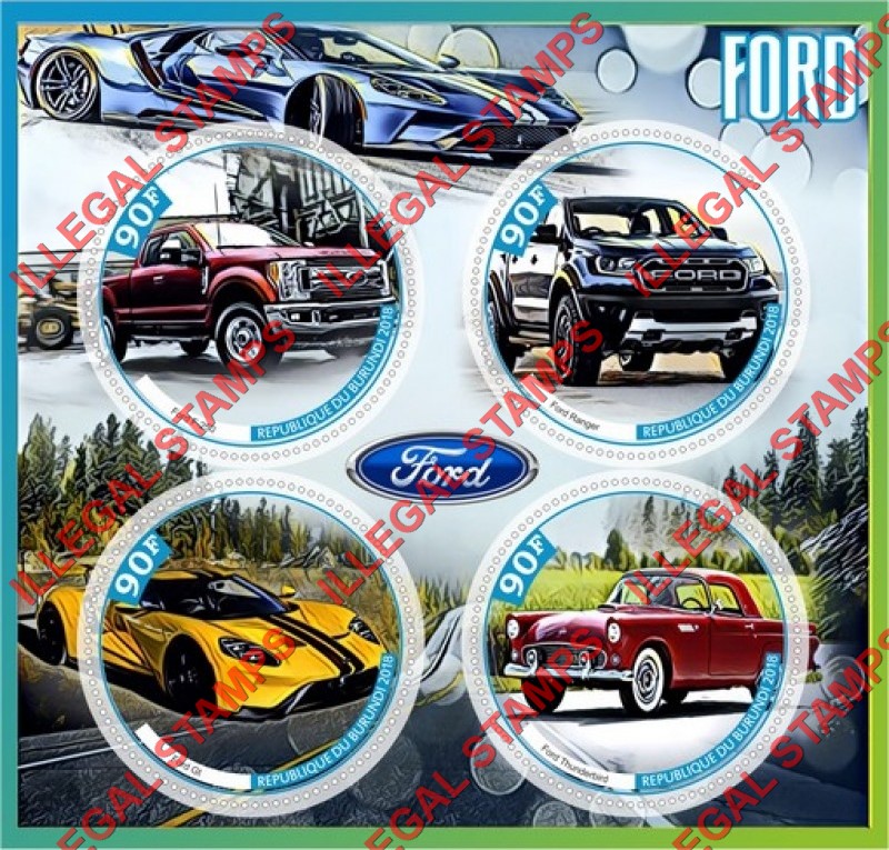 Burundi 2018 Ford Cars and Trucks Counterfeit Illegal Stamp Souvenir Sheet of 4 Burundi 2018 Ford Cars and Trucks Counterfeit Illegal Stamp Souvenir Sheet of 4