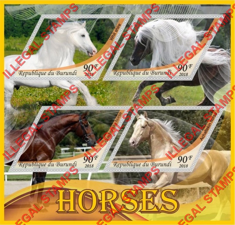 Burundi 2018 Horses Counterfeit Illegal Stamp Souvenir Sheet of 4 Burundi 2018 Horses Counterfeit Illegal Stamp Souvenir Sheet of 4