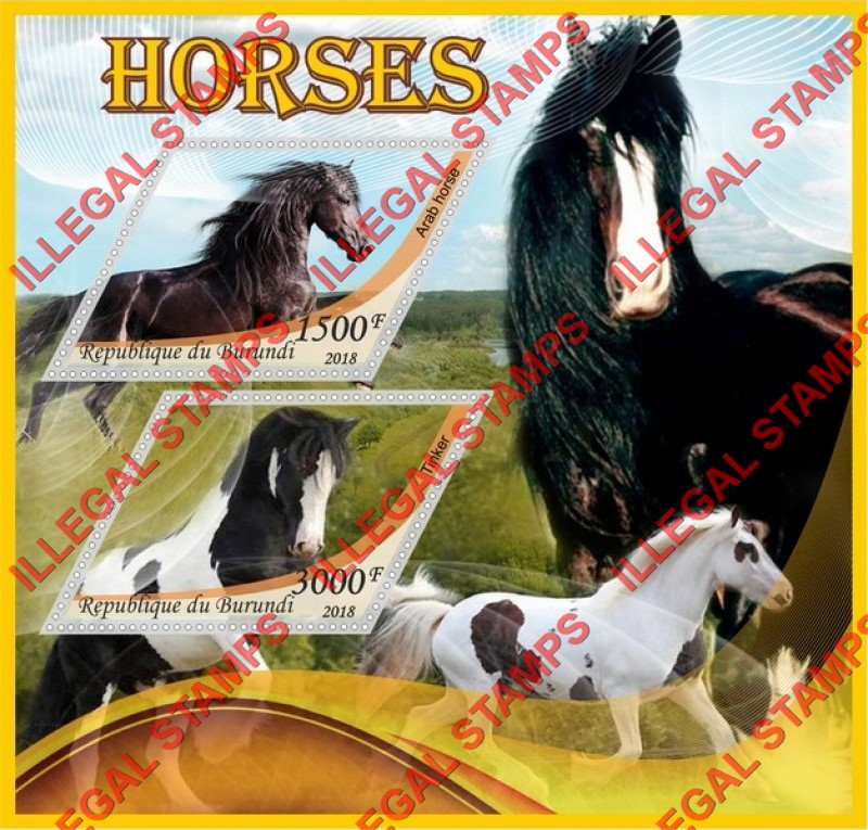 Burundi 2018 Horses Counterfeit Illegal Stamp Souvenir Sheet of 2 Burundi 2018 Horses Counterfeit Illegal Stamp Souvenir Sheet of 2