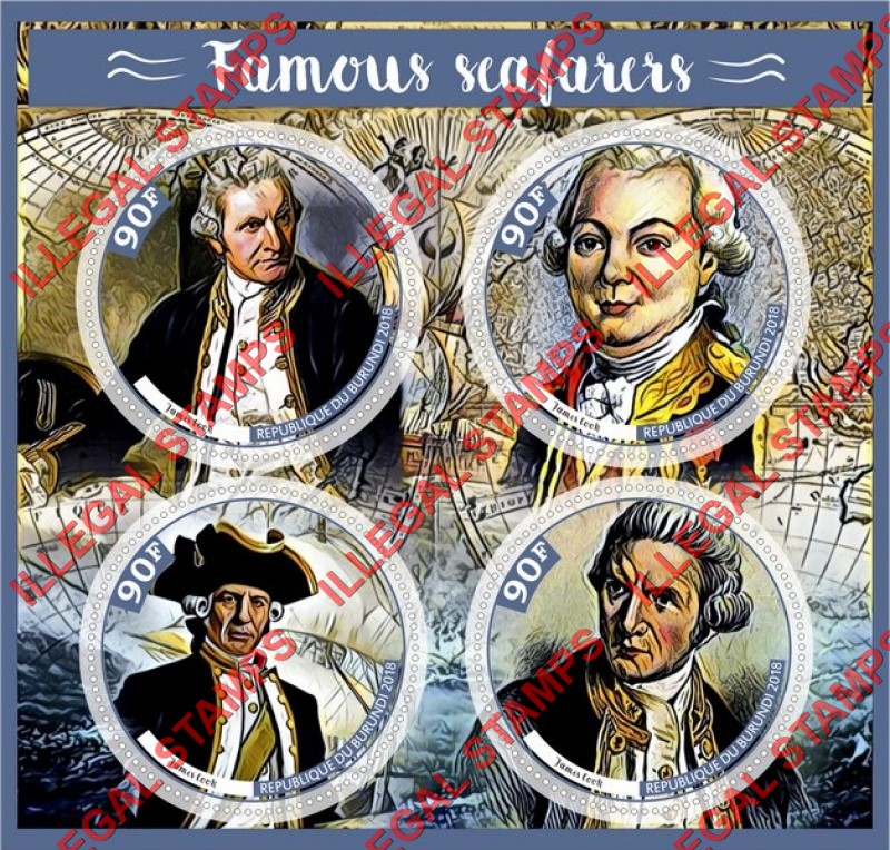 Burundi 2018 James Cook Counterfeit Illegal Stamp Souvenir Sheet of 4 Burundi 2018 James Cook Counterfeit Illegal Stamp Souvenir Sheet of 4