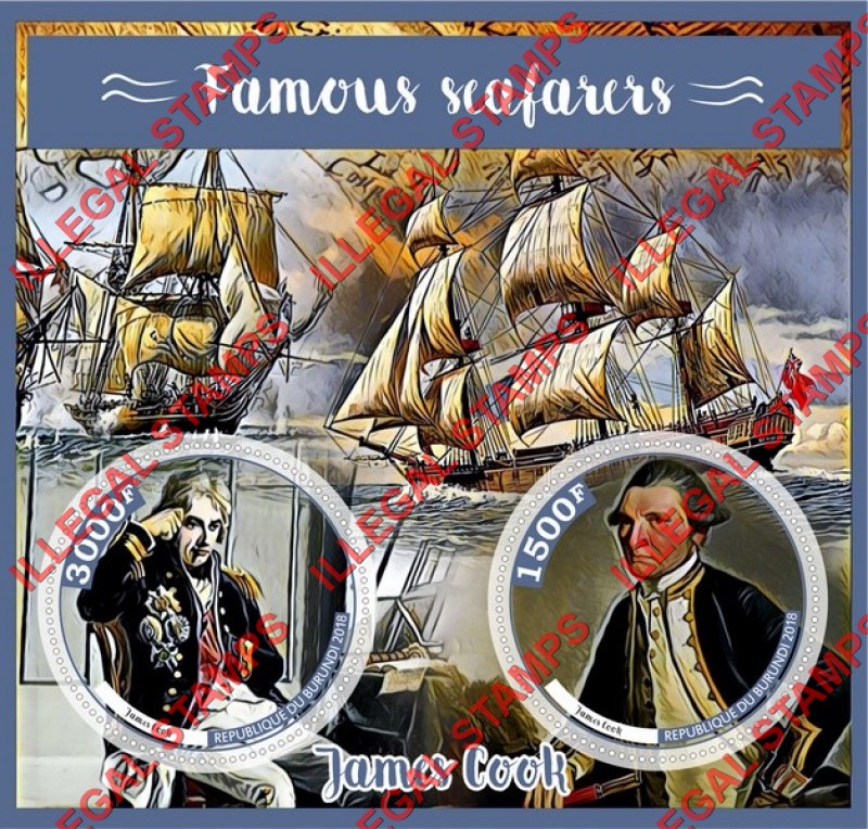 Burundi 2018 James Cook Counterfeit Illegal Stamp Souvenir Sheet of 2 Burundi 2018 James Cook Counterfeit Illegal Stamp Souvenir Sheet of 2