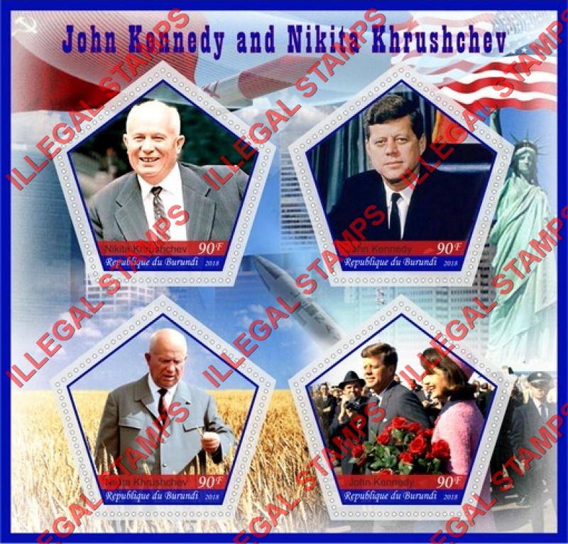Burundi 2018 John F. Kennedy and Nikita Khrushchev Counterfeit Illegal Stamp Souvenir Sheet of 4 Burundi 2018 John F. Kennedy and Nikita Khrushchev Counterfeit Illegal Stamp Souvenir Sheet of 4